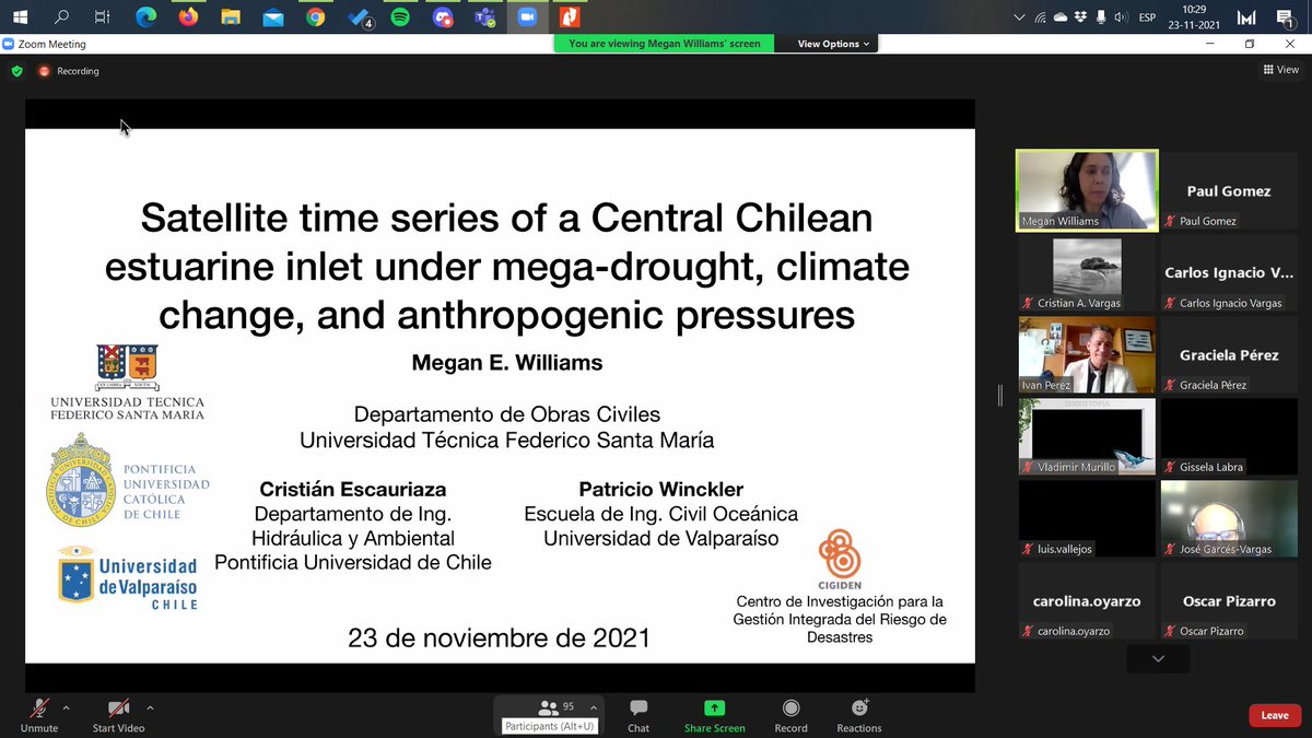 ofmc2019's tweet photo. Megan Williams presenta su charla "Satellite time series of a Central Chilean estuarine inlet under mega-drought, climate change, and anthropogenic pressures" donde habla de los estuarios "Bar-Built" https://t.co/YHMv24CGKt