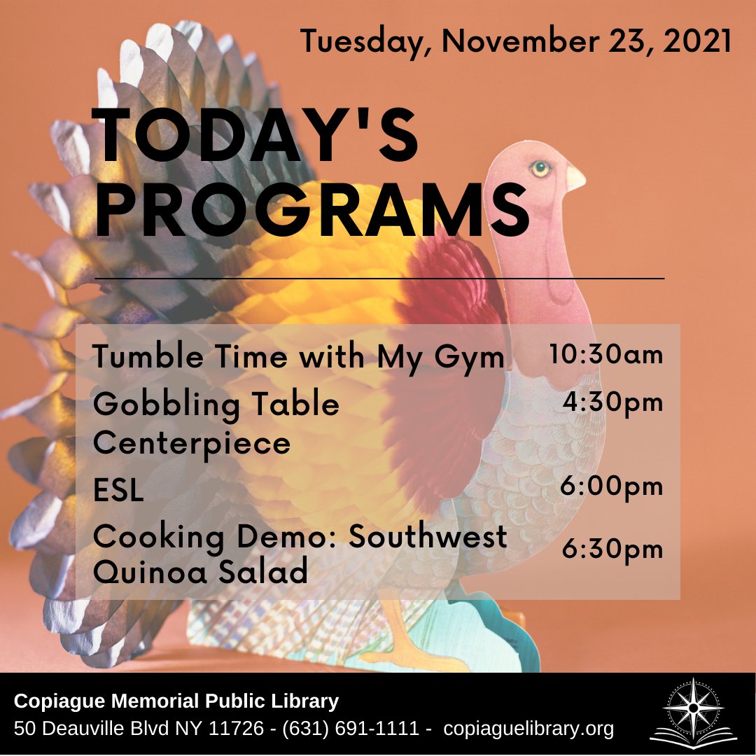 CopiagueLibrary's tweet image. Don&apos;t miss today&apos;s programs!
bit.ly/TTMyGymSON
bit.ly/GobbleCenterpi…
bit.ly/ESLSepOctNov
bit.ly/DemoQuinoaSalad
#CopiagueLibrary #InPersonPrograms #Libraries