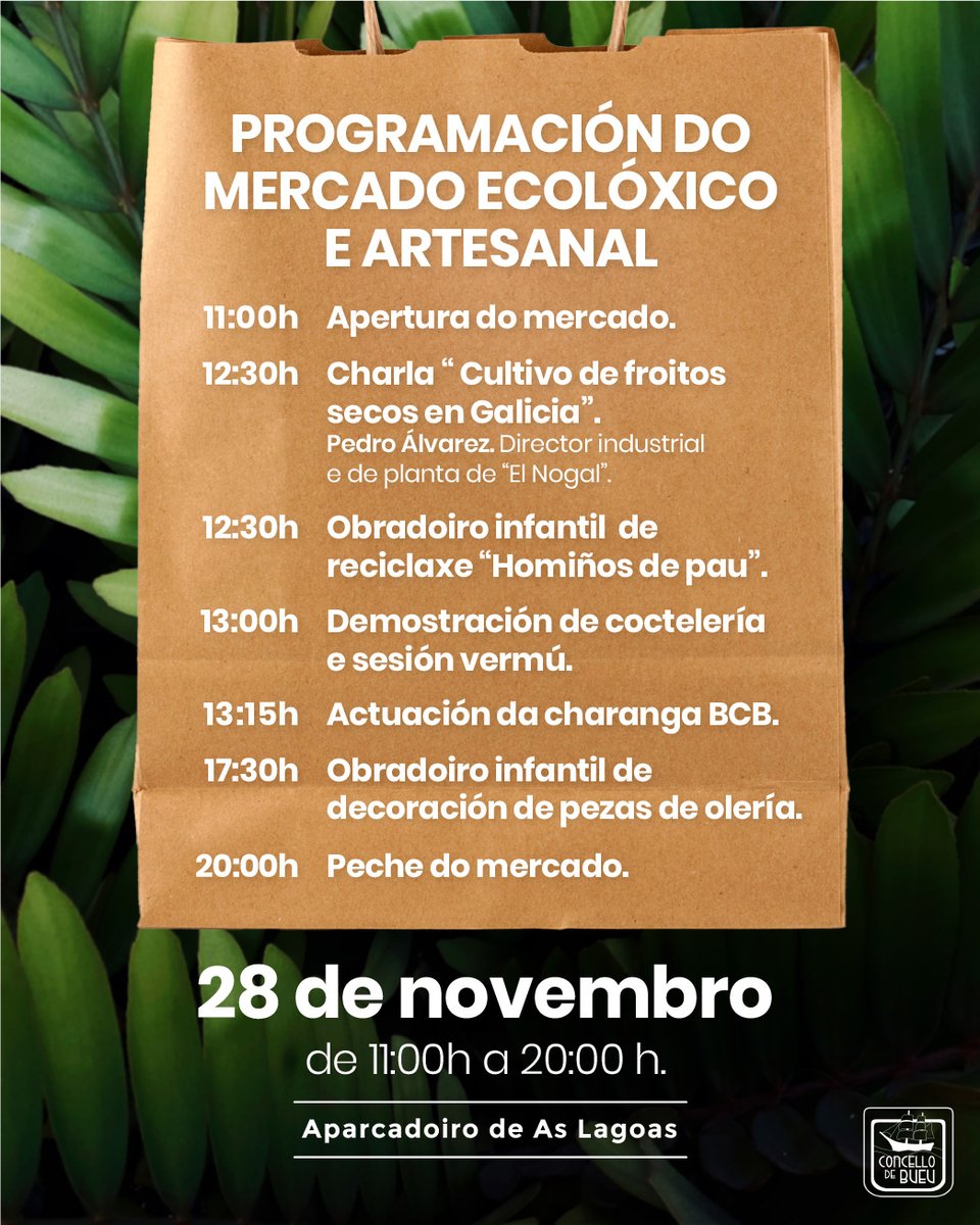 ConcellodeBueu's tweet image. 🍂🍃 O Concello de Bueu celebra este domingo unha nova edición do Mercado Ecolóxico e Artesanal, un evento que se celebrará na carpa dos Xardíns de Urbano Lugrís – As Lagoas entre as once da mañá e as oito da tarde.

Máis info e programación: concellodebueu.gal/o-concello-de-…