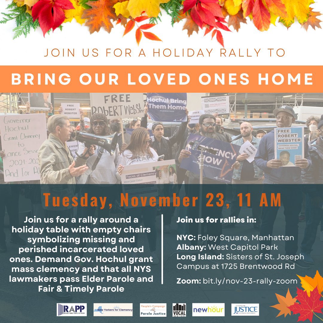 RAPPcampaign's tweet photo. Today! Join us to call for #ClemencyNow & #ParoleJusticeNY. This holiday season, and always, @GovKathyHochul & lawmakers should bring families together. https://t.co/w3R5jtA30R