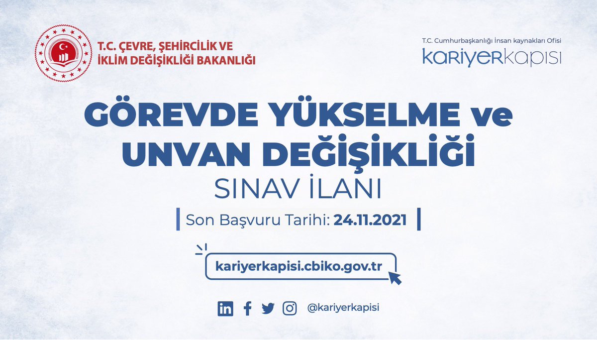Kariyer Kapısı (@kariyerkapisi) on Twitter photo Kurum içi yükselme ve unvan değişikliği sınav ilanları, tüm süreçlerin liyakat esaslı ve şeffaf bir şekilde yürütüldüğü #KariyerKapısı’nda. <a href="/tccbiko/">T.C. Cumhurbaşkanlığı İnsan Kaynakları Ofisi</a>
İlk ilan 8 farklı pozisyon için <a href="/csbgovtr/">T.C. Çevre, Şehircilik ve İklim Dğş. Bakanlığı</a>’den!
👉🏼 Başvuru: kariyerkapisi.cbiko.gov.tr
🗓️ Son Başvuru Tarihi: 24 Kasım 2021 Kurum içi yükselme ve unvan değişikliği sınav ilanları, tüm süreçlerin liyakat esaslı ve şeffaf bir şekilde yürütüldüğü #KariyerKapısı’nda. <a href="/tccbiko/">T.C. Cumhurbaşkanlığı İnsan Kaynakları Ofisi</a>
İlk ilan 8 farklı pozisyon için <a href="/csbgovtr/">T.C. Çevre, Şehircilik ve İklim Dğş. Bakanlığı</a>’den!
👉🏼 Başvuru: kariyerkapisi.cbiko.gov.tr
🗓️ Son Başvuru Tarihi: 24 Kasım 2021