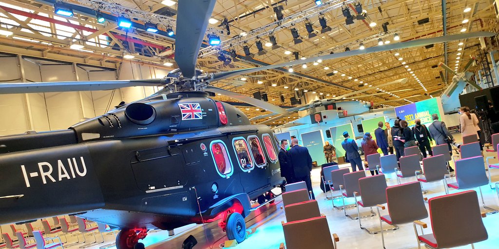 Leonardo_UK's tweet photo. With our #NewMediumHelicopter #AW149 taking centre stage, final preparations are underway for this afternoon's @CBItweets #CBIAnnualConference2021 here at our @LDO_Helicopters facility in #Yeovil.
Join us live at 1400 for today's session on breakthrough ideas and technologies. https://t.co/hnLSDa5wHJ