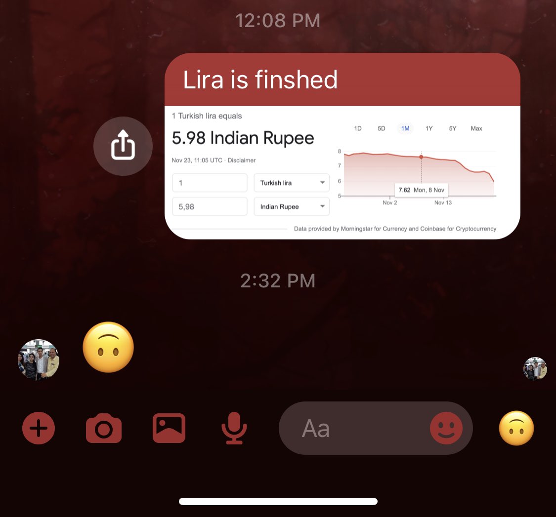 Today I told my dad how the #TurkishLira is sliding… it’s so bad that he literally just responded with an emoji