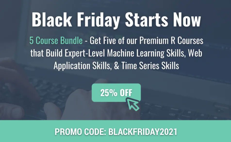 mdancho84's tweet photo. BLACK FRIDAY DEAL: Get my 5-Course #R-Track Program this week. $499 OFF.
😀This program will transform you. https://t.co/utM5g78KFZ
You learn: #rstats #tidyverse #shiny #tidymodels #h2o #rmarkdown #dplyr #ggplot2 #modeltime #timetk #flexdashboard #aws #docker #git #nginx https://t.co/V2mOLwtYBk