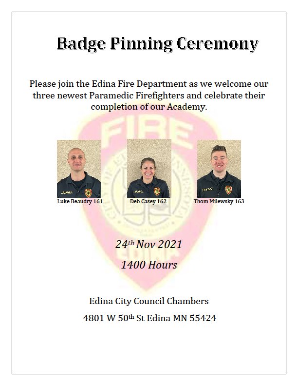 EdinaFire's tweet photo. Join us on November 24th at 2pm for a badge pinning ceremony for our newest Paramedic/Firefighters! This event will be held in the Edina City Council chambers. See you there! https://t.co/TH8OPSW3XI