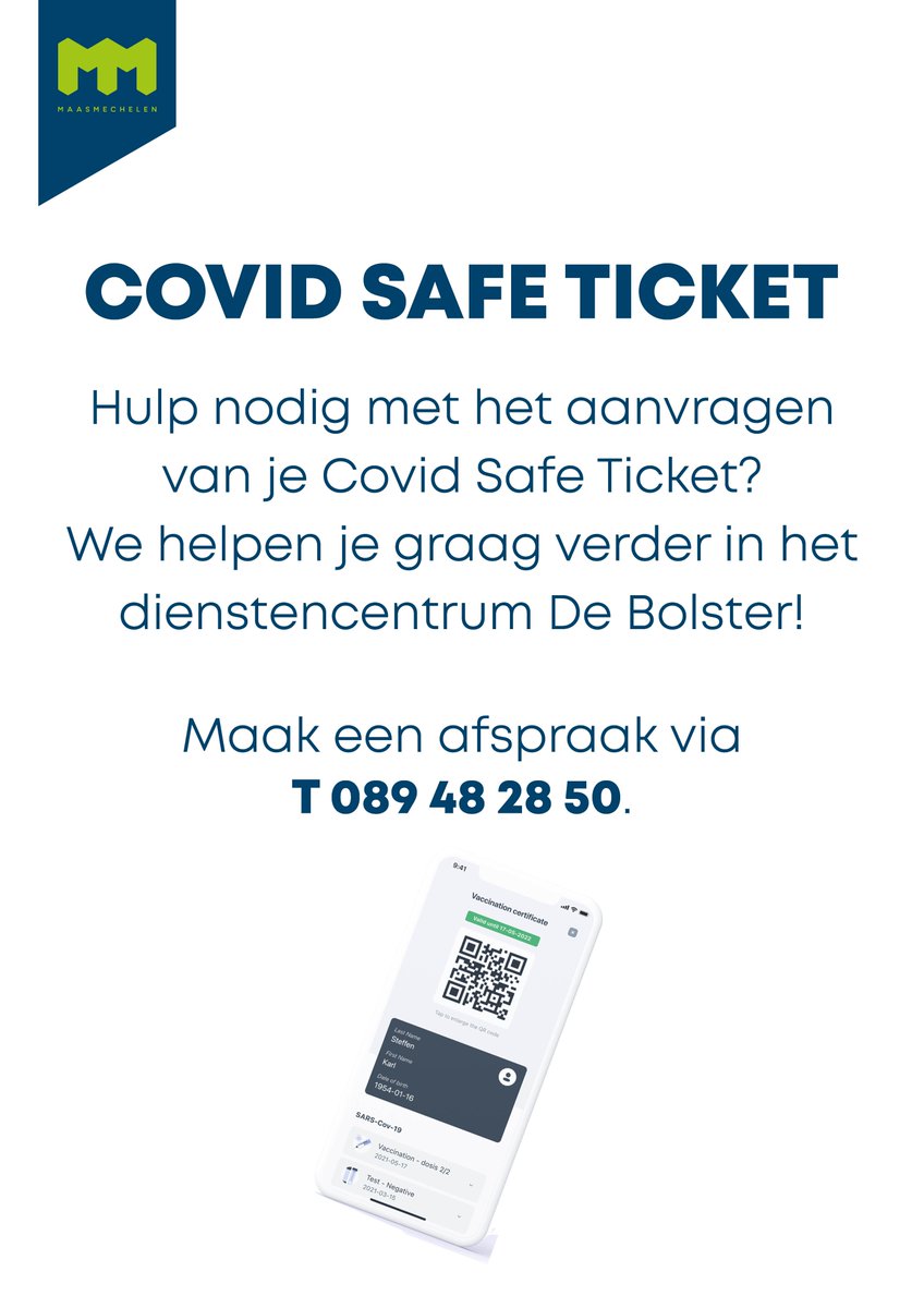 🧐 Heb jij hulp nodig bij het aanvragen van je Covid Safe Ticket? 
In dienstencentrum De Bolster helpen ze je graag verder. Bel T 089 48 28 50 voor een afspraak.