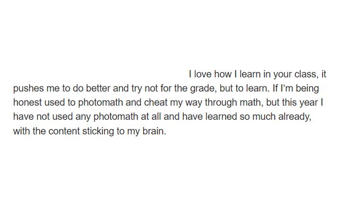mrsherr253's tweet photo. Student perspective from a class where we're grading less and implementing many of @pgliljedahl's Building Thinking Classrooms practices. I'm thankful to so many of you that I'm learning from here to make reactions like this possible. #mtbos #iteachmath https://t.co/s40WE4OUHU