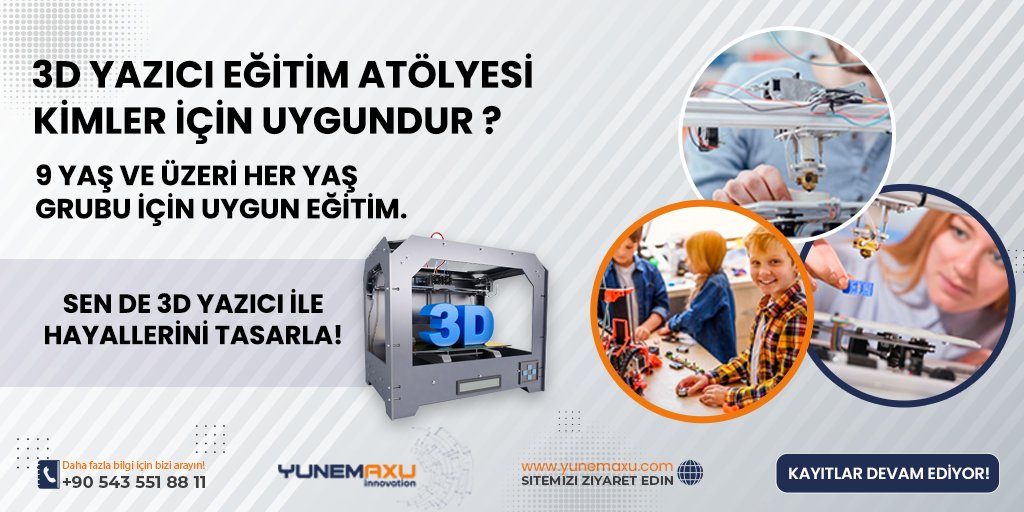 3D YAZICI EĞİTİM ATÖLYESİ
-9 yaş ve üzeri her yaş grubu için uygun eğitim.
-Gruplar maximum 5 er kişiliktir.
-Size uygun günü ve saati seçebilirsiniz.
3D Yazıcı Eğitim Atölyesi Kayıtlarımız Devam Ediyor

Bilgi ve kayıt için;
0543 551 88 11
#ankara #çankaya #3dyazici