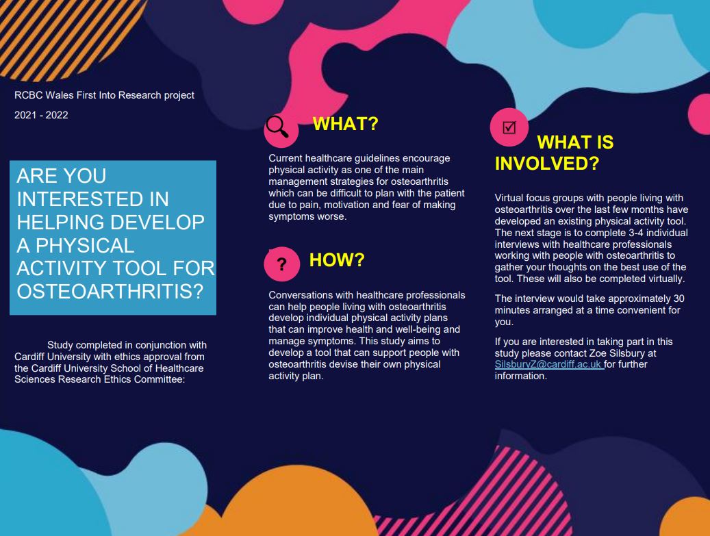 PhysioMACP's tweet photo. Do you facilitate (paid or unpaid) people living with Osteoarthritis to manage their physical activity goals? Would you like to help develop a physical activity tool helping people maintain, adapt &amp; plan physical activity? For info, contact Zoe Silsbury (SilsburyZ@cardiff.ac.uk). https://t.co/w93F4NQuPP