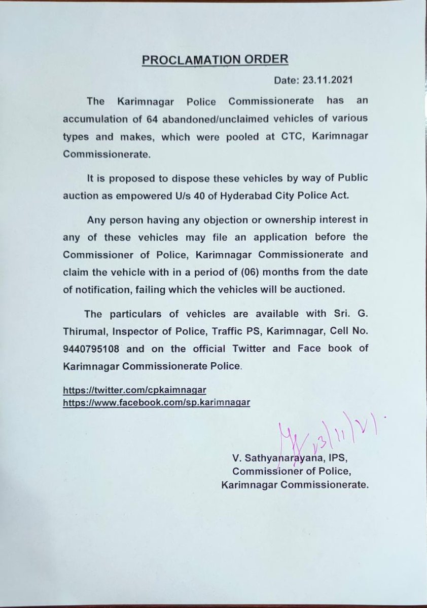 addl_dcp's tweet photo. The CP Knr has issued a Proclamation Order of Unclaimed n Abandoned Vehicles. Any person having any objection may file an application before the CP Knr and claim the vehicle with in a  period of 15 days from the date of notification, failing which the vehicles will be auctioned https://t.co/nYY4HGzFAs
