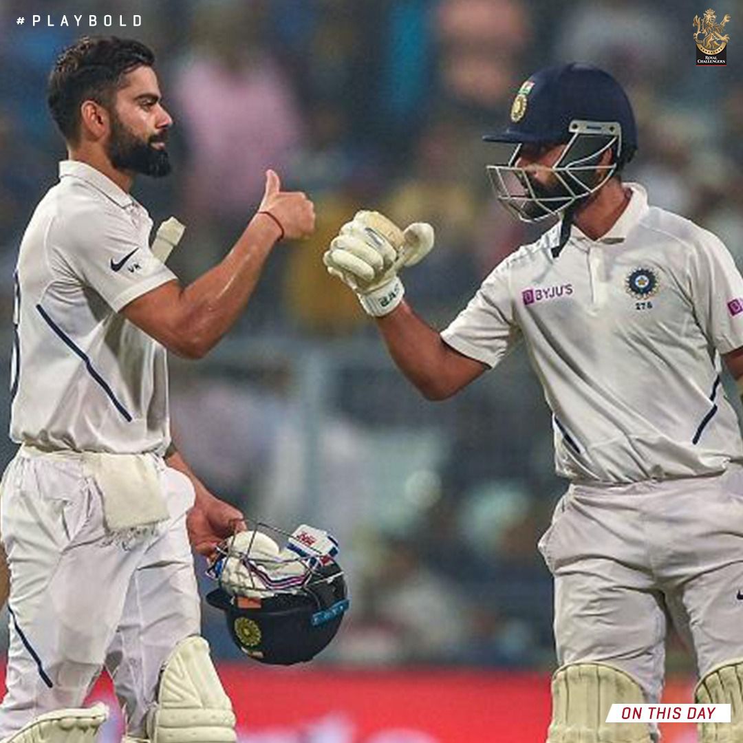 RCBTweets's tweet photo. #OnThisDay in 2️⃣0️⃣1️⃣9️⃣, #TeamIndia dominated the touring Bangladesh side in their first-ever pink-ball D/N Test, winning by an innings and 4️⃣6️⃣ runs in Kolkata. 💪🏻🤩

#PlayBold https://t.co/oo5sTOBBQe