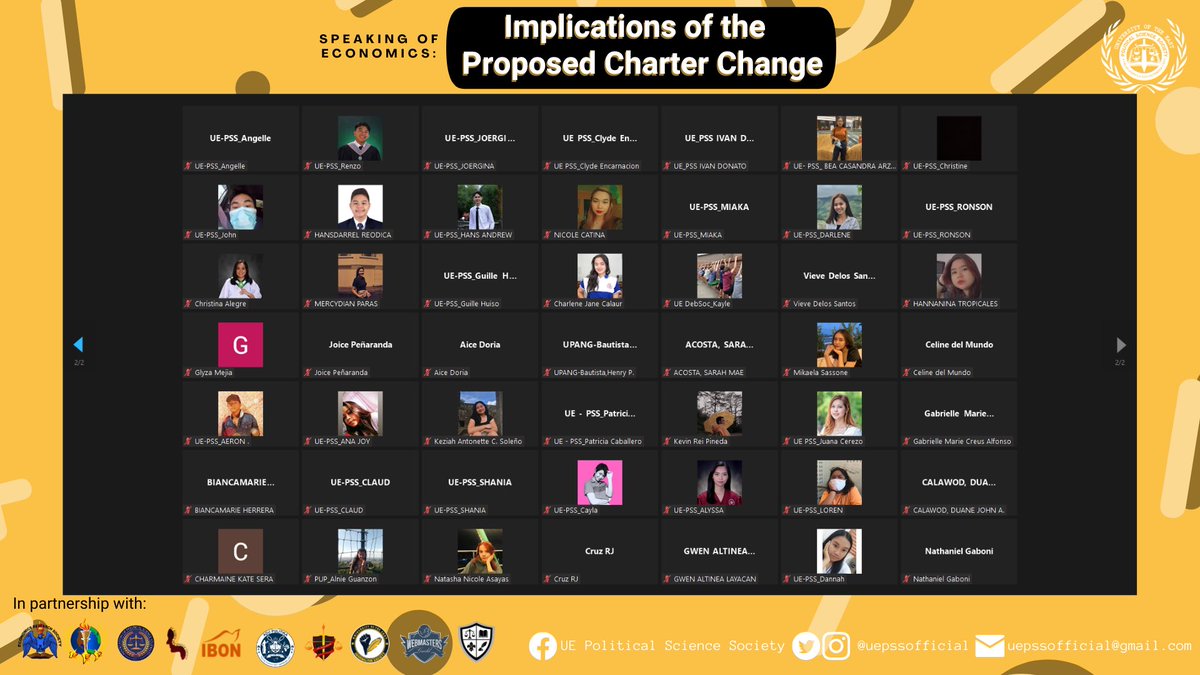 uepssofficial's tweet photo. UE Political Science Society held its fourth event titled, โSpeaking of Economics: Implications of the Proposed Charter Changeโ in November 22, 2021.
See full post here: https://t.co/rK6QIsx3Ws
#SulongPolSci
#IncedereSineTimore
#ForwardWithoutFear https://t.co/h5o78RJU1U