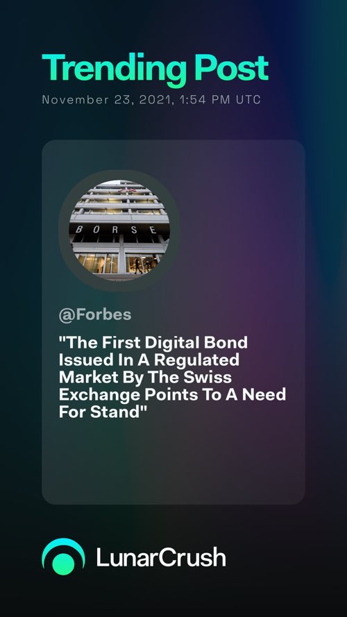 NewMusicOut1's tweet photo. Trending on #LunarCrush:

"The First Digital Bond Issued In A Regulated Market By The Swiss Exchange Points To A Need For Stand" via @Forbes

Top coin mentions
$link

https://t.co/HgG9ygZKDd #LunarShare https://t.co/I6n63mxpea