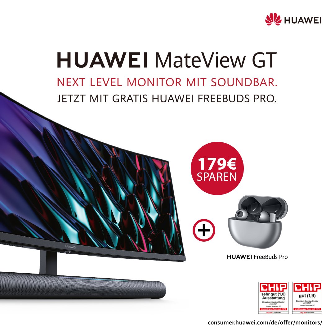 HuaweiMobileDe's tweet photo. Der neue MateView GT mit 34 Zoll Ultrawide Curved 3K-Display, 165 Hz hohe Bildwiederholrate und Stereo Soundbar. Jetzt Angebot sichern: HUAWEI Freebuds Pro gratis dazu bekommen.