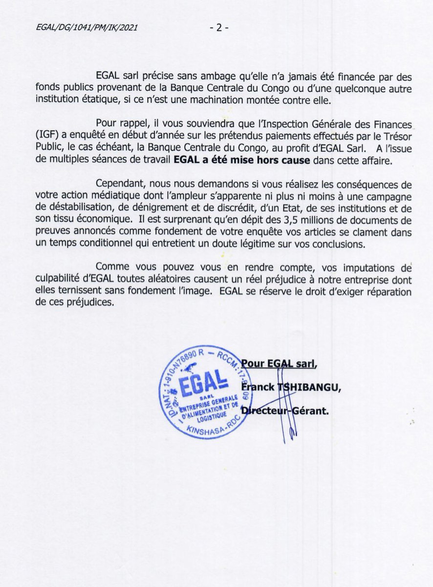 egalrdc's tweet photo. Date : Kinshasa, 23 novembre 2021

Concerne: Droit de réponse et démenti de la société EGAL sarl.

@soniarolley 
@yphilippin https://t.co/qnnKcDmwrF