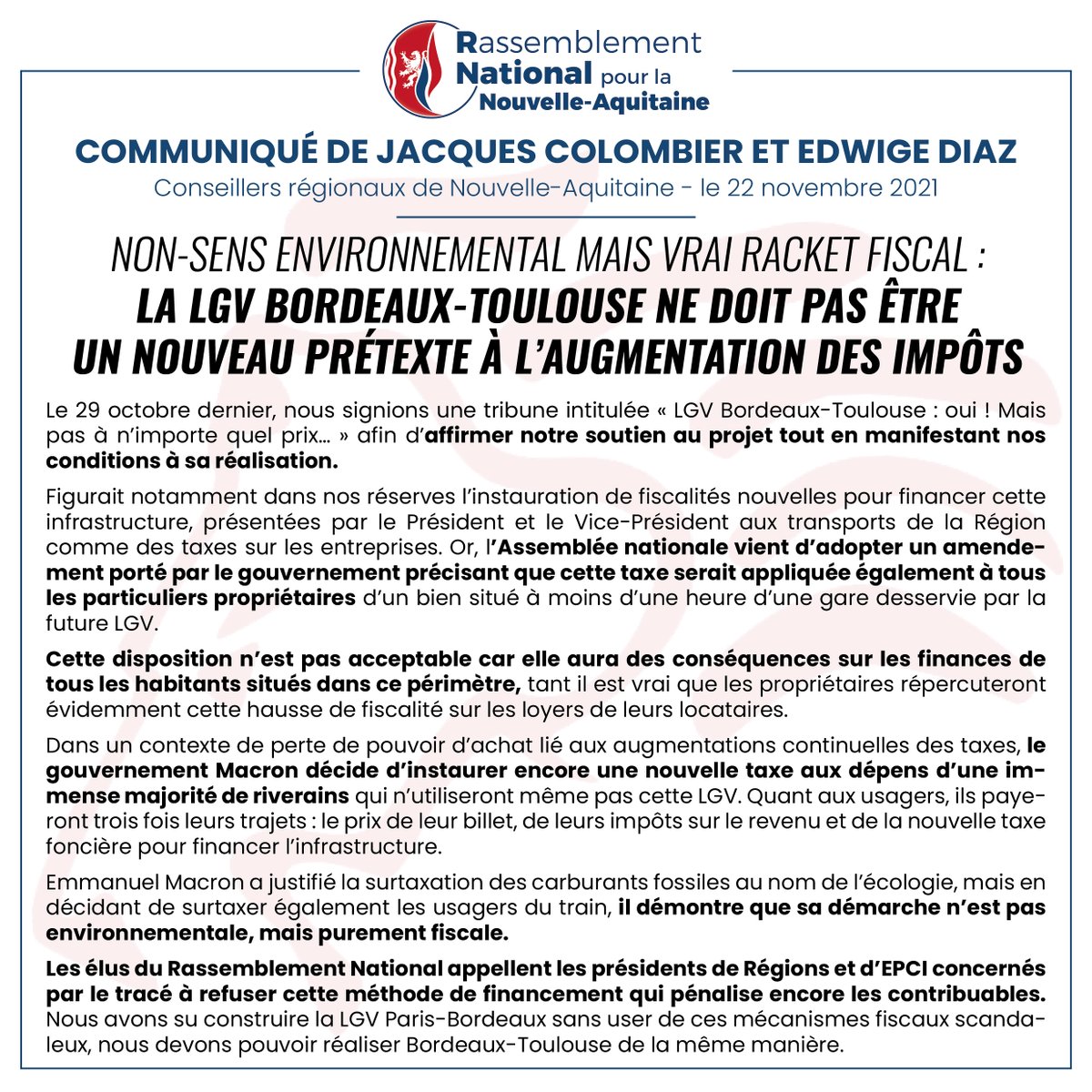 JColombierRN's tweet photo. « Emmanuel Macron a justifié la surtaxation des carburants fossiles au nom de l’écologie, mais en décidant de surtaxer également les usagers du train, il démontre que sa démarche n’est pas environnementale, mais purement fiscale. »
Retrouvez notre communiqué avec @diaz_edwige ⤵️ https://t.co/u3ktuQLvMS