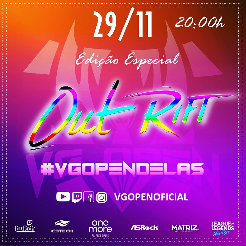 VGOPENOFICIAL's tweet photo. Está chegando a hora.
Esta edição do Programa Out Rift terá várias surpresas e grandes participações! Vocês não perdem por esperar.
E ainda iremos revelar as estatísticas e das jogadoras destaques do #vgopendelas 
#vgooen
#bebaonemore 
#c3tech 
#asrock 
#twitchbr 
#wildriftbr https://t.co/QsW8bMQDkK