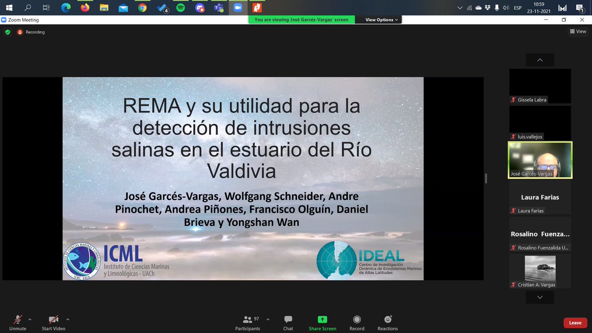 ofmc2019's tweet photo. José Garcés-Vargas presenta la charla "REMA y su utilidad para la detección de intrusiones salinas en el estuario del Río Valdivia" para lo que emplearon balizas en el río https://t.co/0RVQu7DUqf
