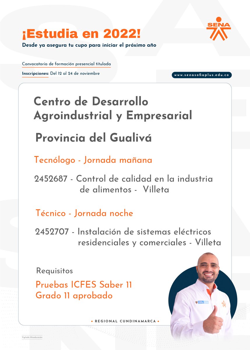 SENACmarca's tweet photo. 🤓📚 ¡Apresúrate! Queda solo 1 día para que te inscribas a nuestra primera convocatoria presencial del 2022 en el #SENAVilleta. Ingresa a ✍️🖱️ https://t.co/szlV9SqRuH y escoge tu programa de preferencia. https://t.co/YQupfQfkly