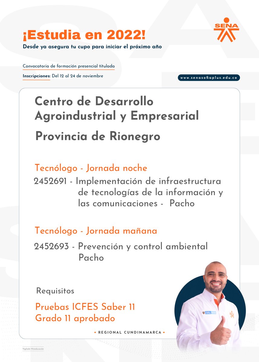 SENACmarca's tweet photo. 🤓📚 ¡Apresúrate! Queda solo 1 día para que te inscribas a nuestra primera convocatoria presencial del 2022 en el #SENAVilleta. Ingresa a ✍️🖱️ https://t.co/szlV9SqRuH y escoge tu programa de preferencia. https://t.co/YQupfQfkly