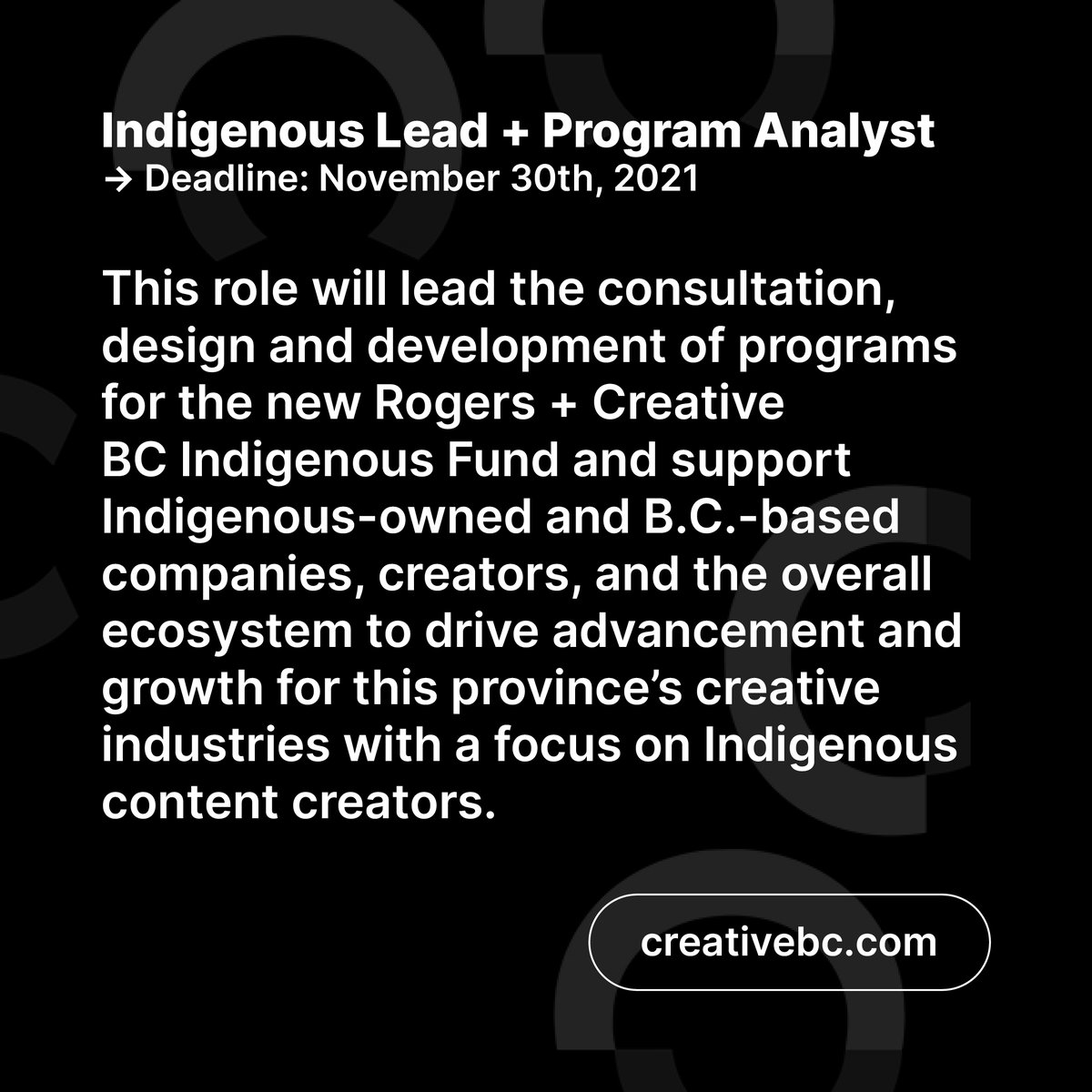 BLKScreenOffice's tweet photo. BSO SHARES:
Creative BC is hiring for the role of Indigenous Lead + Program Analyst! Lead the consultation, design and development of programs for the new @Rogers + @creativebcs #IndigenousFund.
→ Apply by November 30th
https://t.co/iuV2mcNwXM https://t.co/kdaFxvTnQg