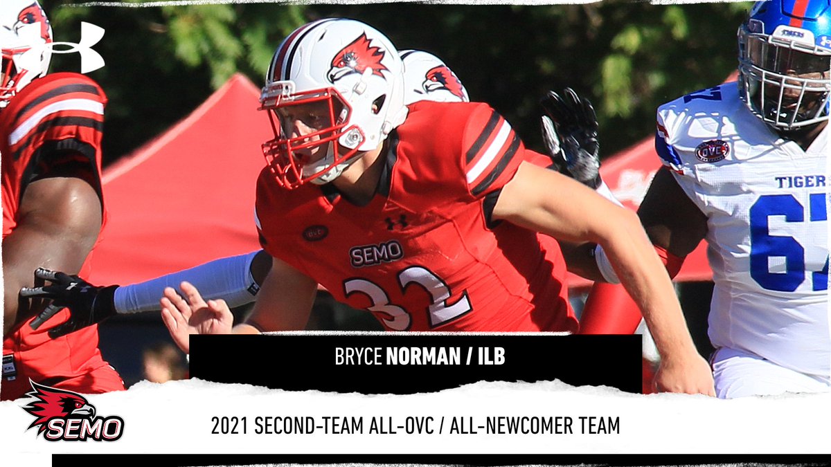 2021 SECOND-TEAM ALL-OVC inside linebacker Bryce Norman is one of 23 finalists for the Stats Perform Jerry Rice Award. Norman led SEMO with 66 tackles and 3 forced fumbles as a true freshman. He ranked second among freshmen in the OVC in tackles.