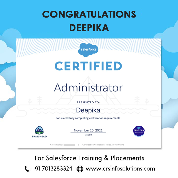 Hearty Congratulations to our student Deepika. All the very best to future endeavours. For Salesforce training and certification preparation, please enroll in our free demo class.

Phone: +91-9347854179
Website: crsinfosolutions.com
#salesforcecertified