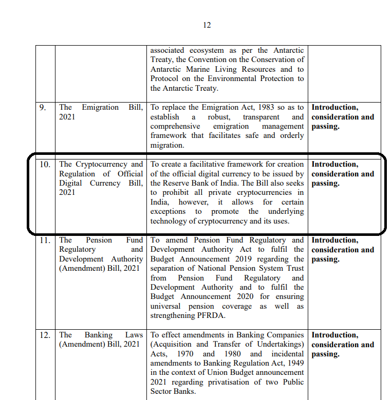 Ajay_Bagga's tweet photo. Winter Session of Parliament may have the Cryptocurrency Bill 2021 as per the below extract.
Have not had time to myself verify this from primary sources yet.
If true , crypto investors in India should be careful. https://t.co/oM9LrtNfic