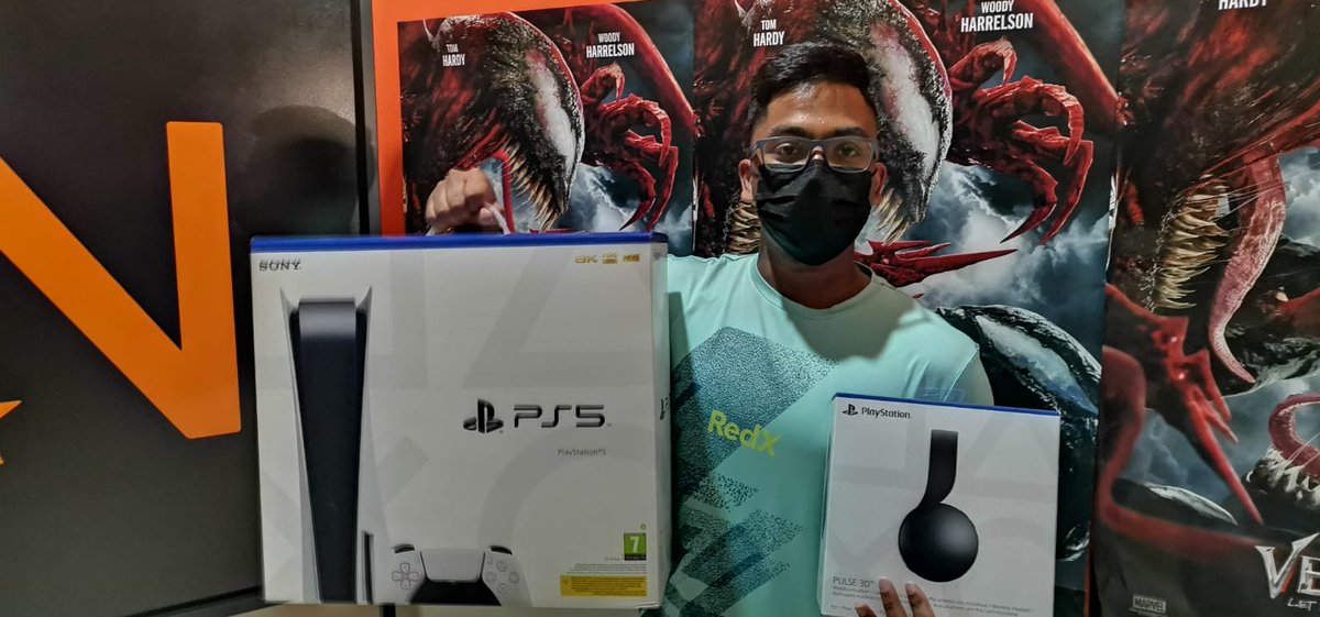 SonyMoviesSA's tweet photo. Sending virtual high fives to our Venom: Let There be Carnage competition winner, Ryan Mohan from Durban!
He received his SONY PlayStation 5 and a Pulse3D Headset from @NuMetroPavilion this past weekend!
#VenomLetThereBeCarnage #Pulse3DHeadset #PlayStation5 #PS5 https://t.co/wGtBXxt0Hs