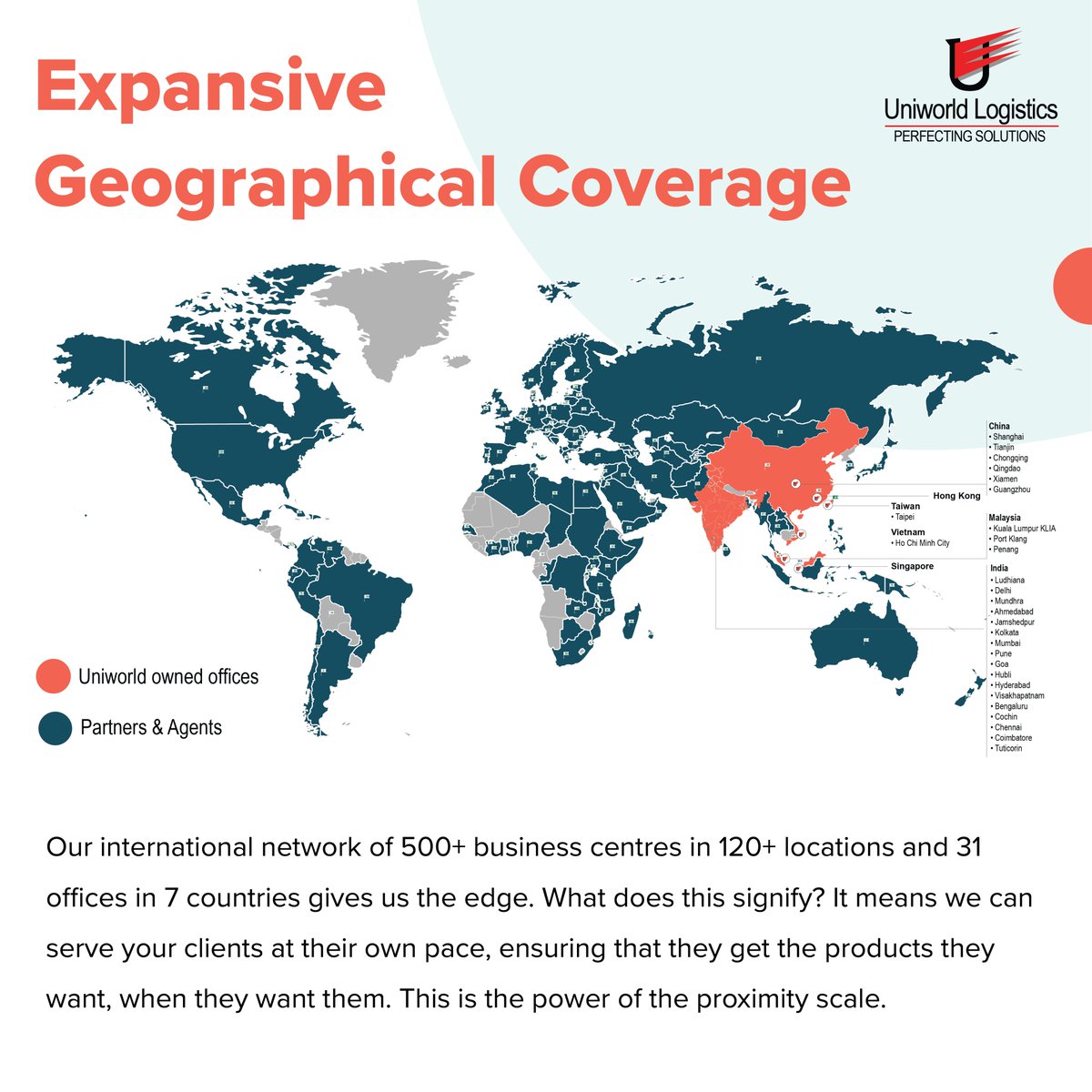 Expansive Geographical Coverage 
.
.
.

Our international network of 500+ business centres in 120+ locations and 31 offices in 7 countries gives us the edge. 

#logistics #transportation #warehouse #airfright #cargo #bigConsignmentshiping
