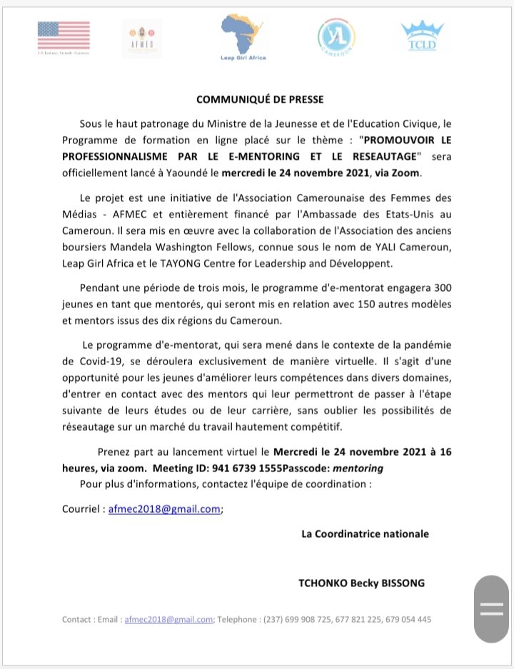 ementopronet's tweet photo. Ladies and Gentlemen we will be honoured to have you be part of the virtual launch of our E-mentoring program on Wednesday October 24th 2021.
#mentoringmatters
@LeapGirlAfrica 
@afmec_camawmed 
@becky_bissong 
@USEmbassyCameroon
@PertullaEzigha https://t.co/6uJwwdQMIY