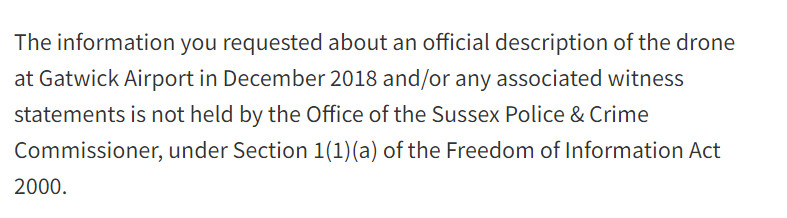 The Sussex Police &amp; Crime Commissioner's office has confirmed that <a href="/KatyBourne/">Katy Bourne OBE</a> hasn't even been provided with a description of what the #Gatwick #drone looked like.

How can £790,208 be spent and no one even knows what colour the drone was?

whatdotheyknow.com/request/an_off…