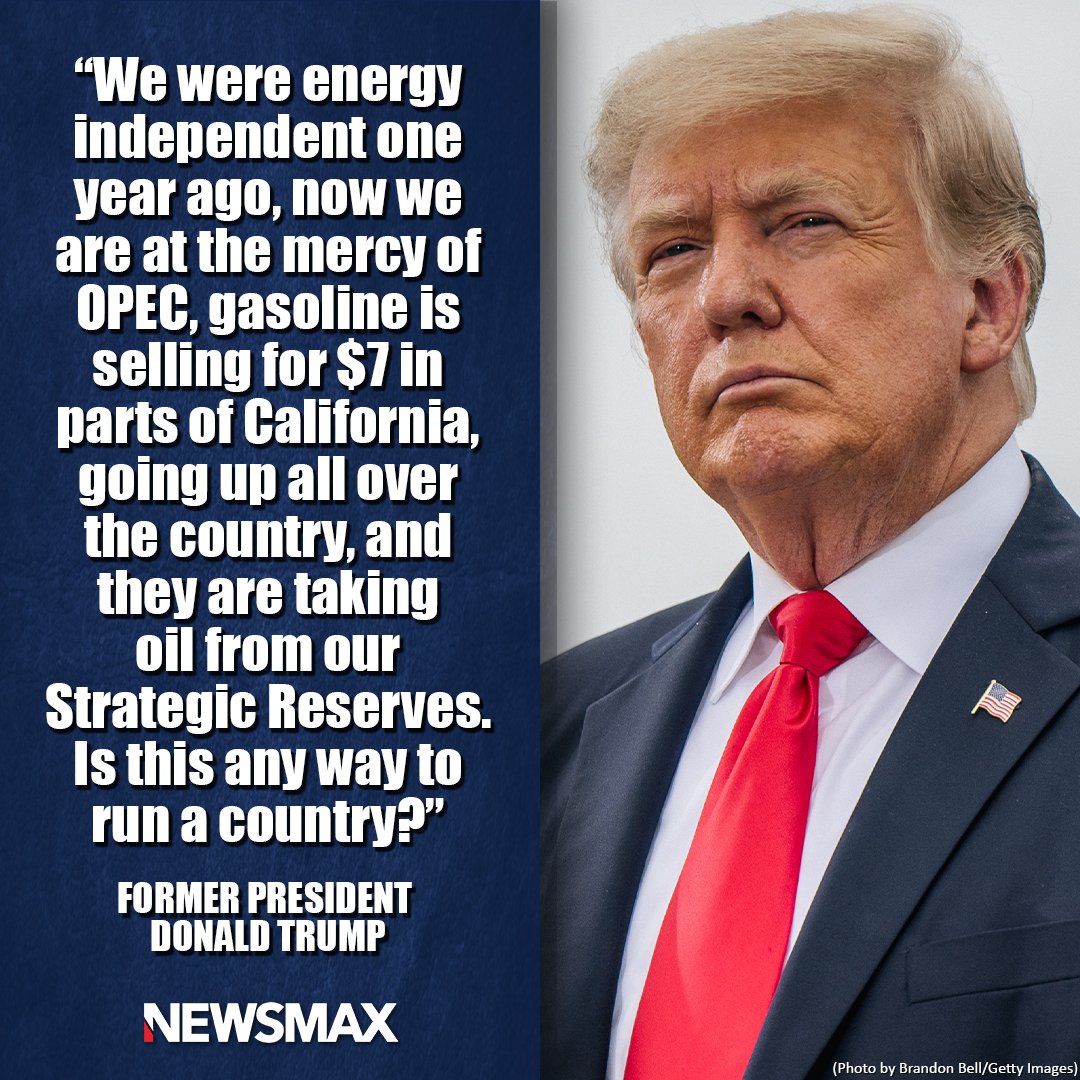 NEWSMAX's tweet photo. Former President Donald Trump is slamming President Joe Biden’s order to release 50 million barrels of oil from the strategic reserve to bring down energy costs in a statement released on Tuesday. https://t.co/OuznQQCpXp https://t.co/M3kU2GBWNW