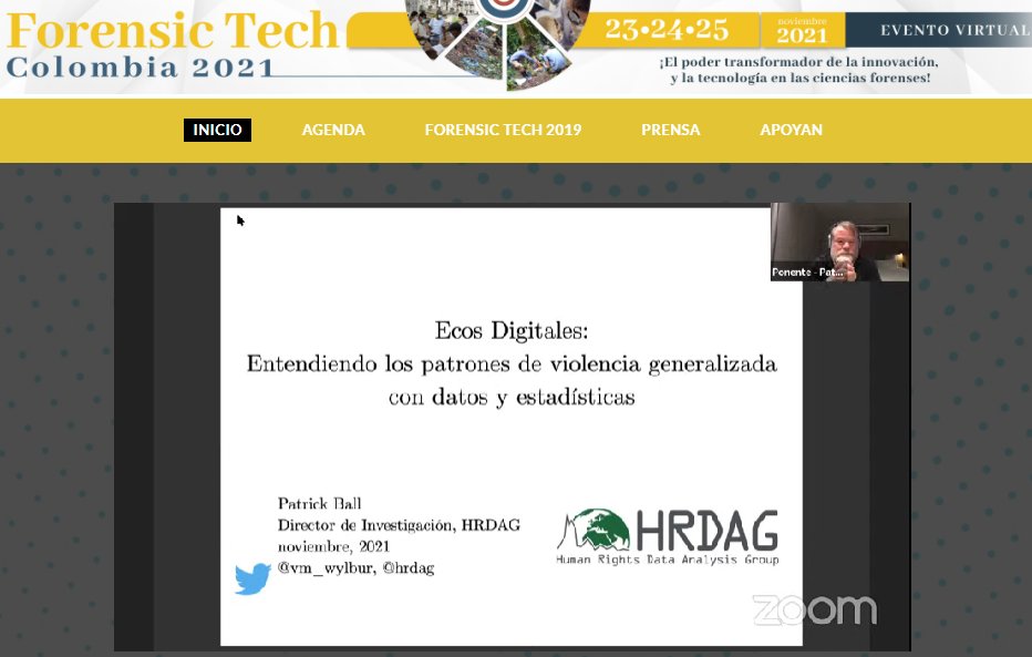 EQUITASColombia's tweet image. #FTC2021 @vm_wylbur; Director de investigación en @hrdag nos ayuda a entender los patrones de violencia generalizada con datos y estadísticas.

¡Conéctate a nuestra transmisión!
forensictechcolombia.com