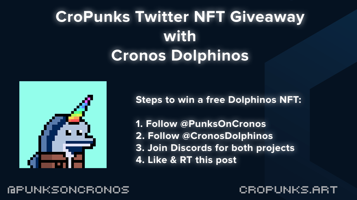 PUNKSONCRONOS's tweet photo. 🐬 We are excited to announce an NFT giveaway with @CronosDolphinos 🐬

Steps for winning a free #Dolphin NFT:

👉 Follow @PUNKSONCRONOS 
👉 Follow @CronosDolphinos 
👉 Join Discords for both projects
👉 Like &amp; RT this post

#CRO #FFTB #NFTGiveaway #NFTAirdrop #CroPunks https://t.co/xNaUk7JFh2