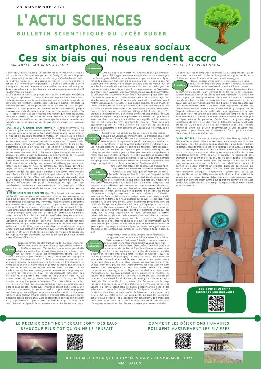 #actuscience semaine du 22 novembre <a href="/lycee_suger/">Lycée Suger</a>
 #smartphone et #addiction