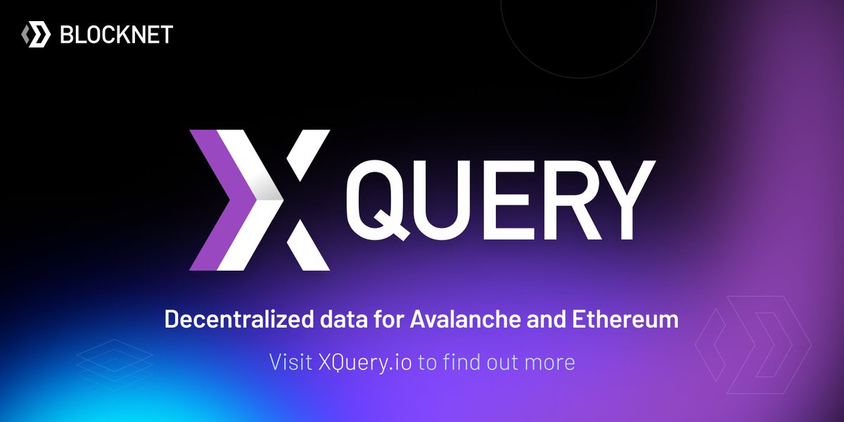 The_Blocknet's tweet photo. Introducing XQuery, decentralized access to indexed blockchain data! 

Coming soon to @avalancheavax and #Ethereum

Visit https://t.co/CsJ4KlMRme to find out more...

#avax #eth #blocknet 

A Blocknet product ™ https://t.co/SFfCUiPgU9