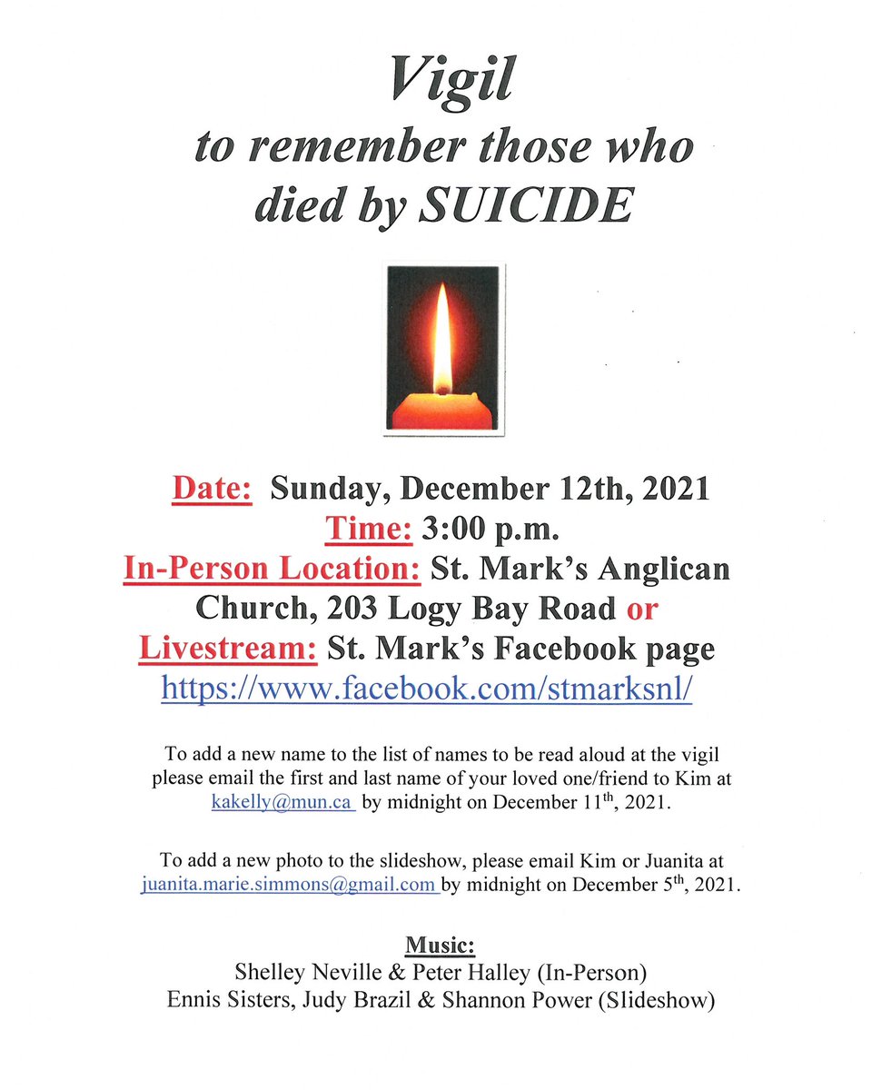 StMarksChurchNL's tweet photo. This annual community vigil is held to remember those who died by suicide and to support survivors of suicide loss. The vigil remembers family, friends, and loved ones through poetry, prayer, candle lighting and music by Shelley Neville and Peter Halley. https://t.co/S0aa0F7jVn