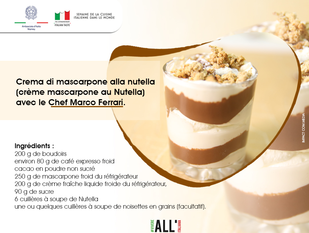 Crema di mascarpone alla nutella (crème mascarpone au Nutella) avec le Chef Marco Ferrari.
#italiantast
#ambasciata_d_italia_niamey 
<a href="/ItalyinNiger/">ItalyinNiger</a> 
<a href="/INNAKARANTA/">Inna KARANTA</a> 
<a href="/oumou_kane/">O.K❤🧡</a> 
<a href="/awal_rachid/">Rachid Awal Issa</a>