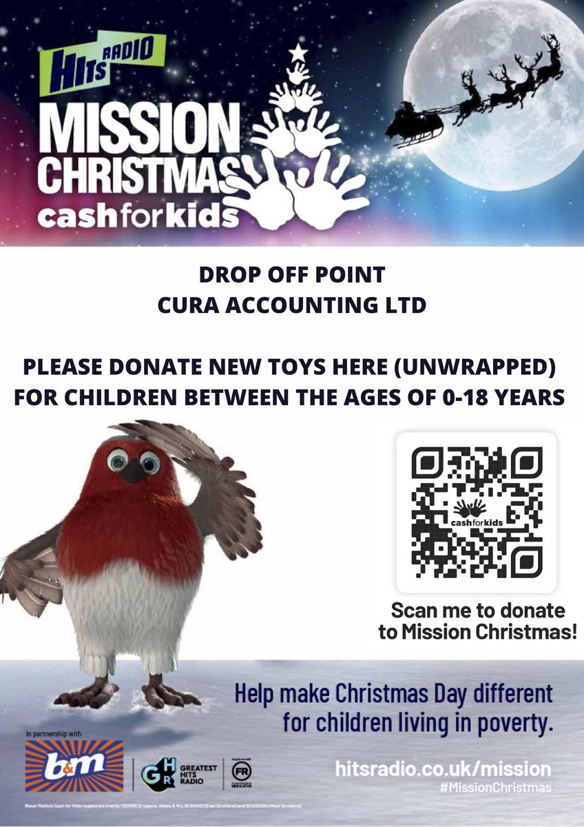 Mission Christmas 2021 🎅🎁🎄

Drop off point: Cura Accounting Ltd, 8 Longsight Rd, Holcombe Brook, Ramsbottom, Bury BL0 9TD. 

#hitsradio #cashforkids #missionchristmas #everychilddeservesapresent #donate #gift #unwrapped #newtoys #ramsbottom #bury #holcombebrook