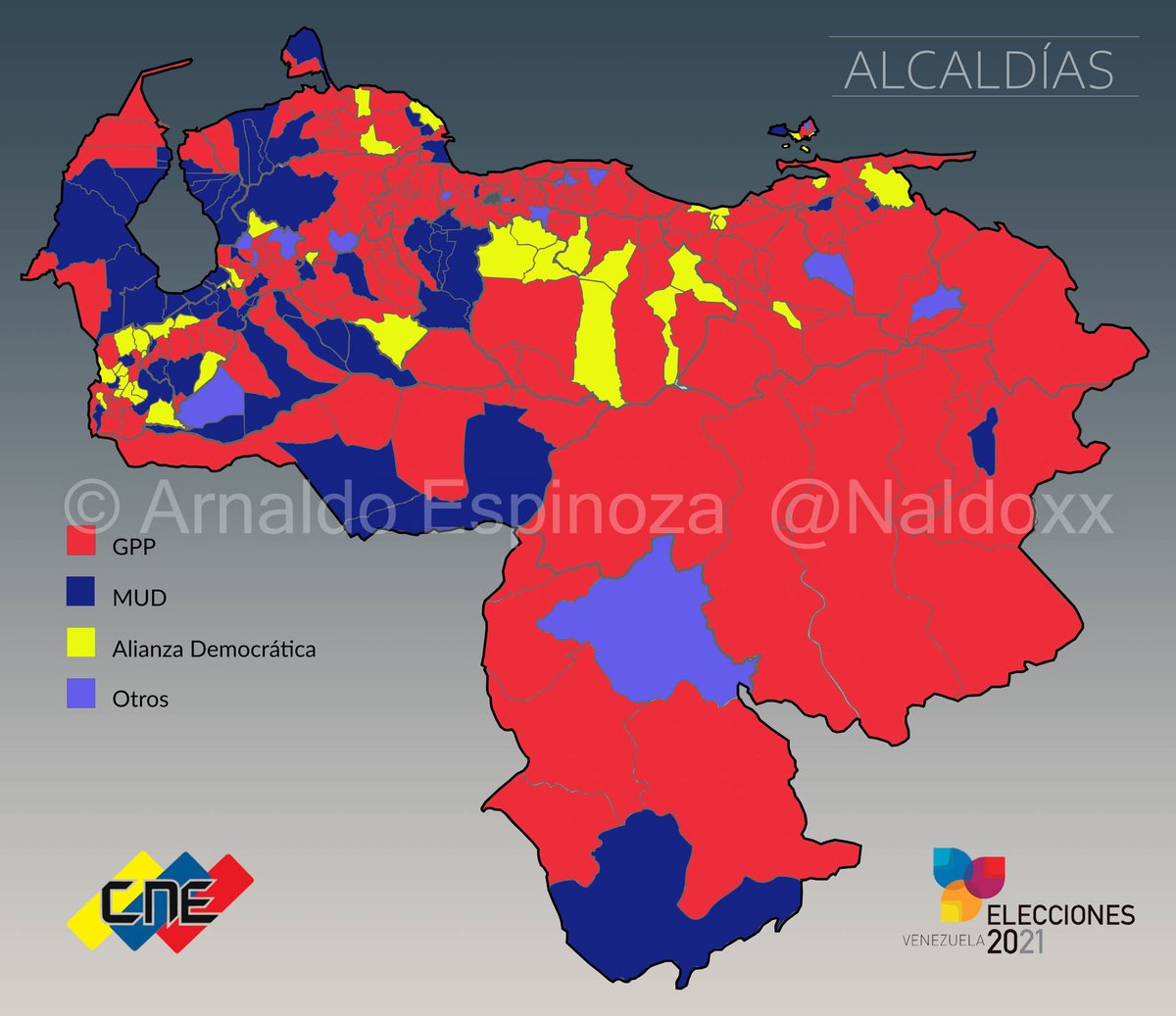 Naldoxx's tweet photo. Así queda el mapa de Venezuela con las 335 alcaldías asignadas.

PSUV: 212
MUD: 65
Alianza Democrática: 39
Otros: 19 https://t.co/cgST58kXqm