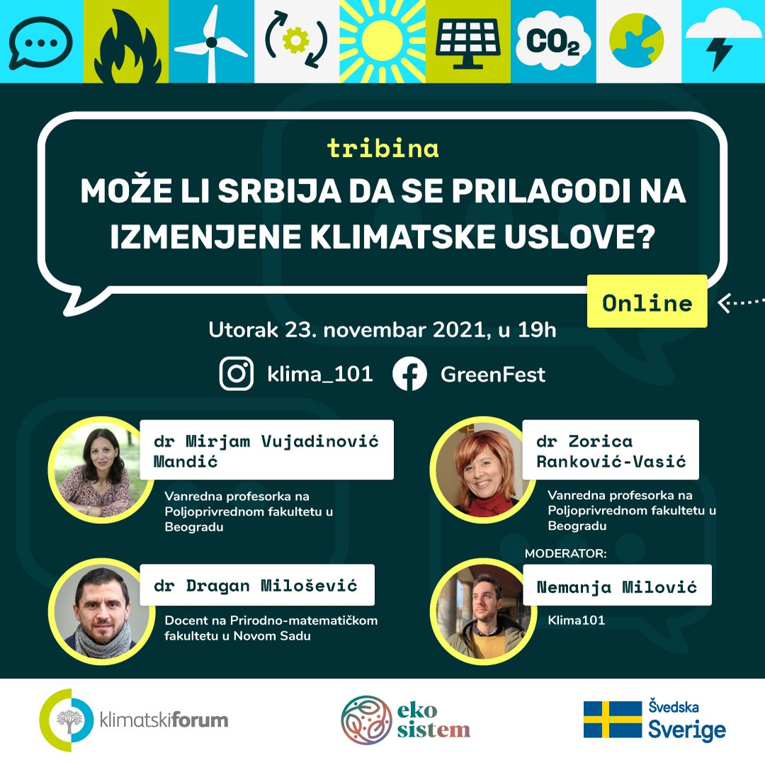 Danas od 19h tribina o prilagođavanju na klimatske promene. Pratite uživo na youtube kanalu Klima101 ili na  facebook stranici <a href="/GreenScreenFest/">GreenFest</a>