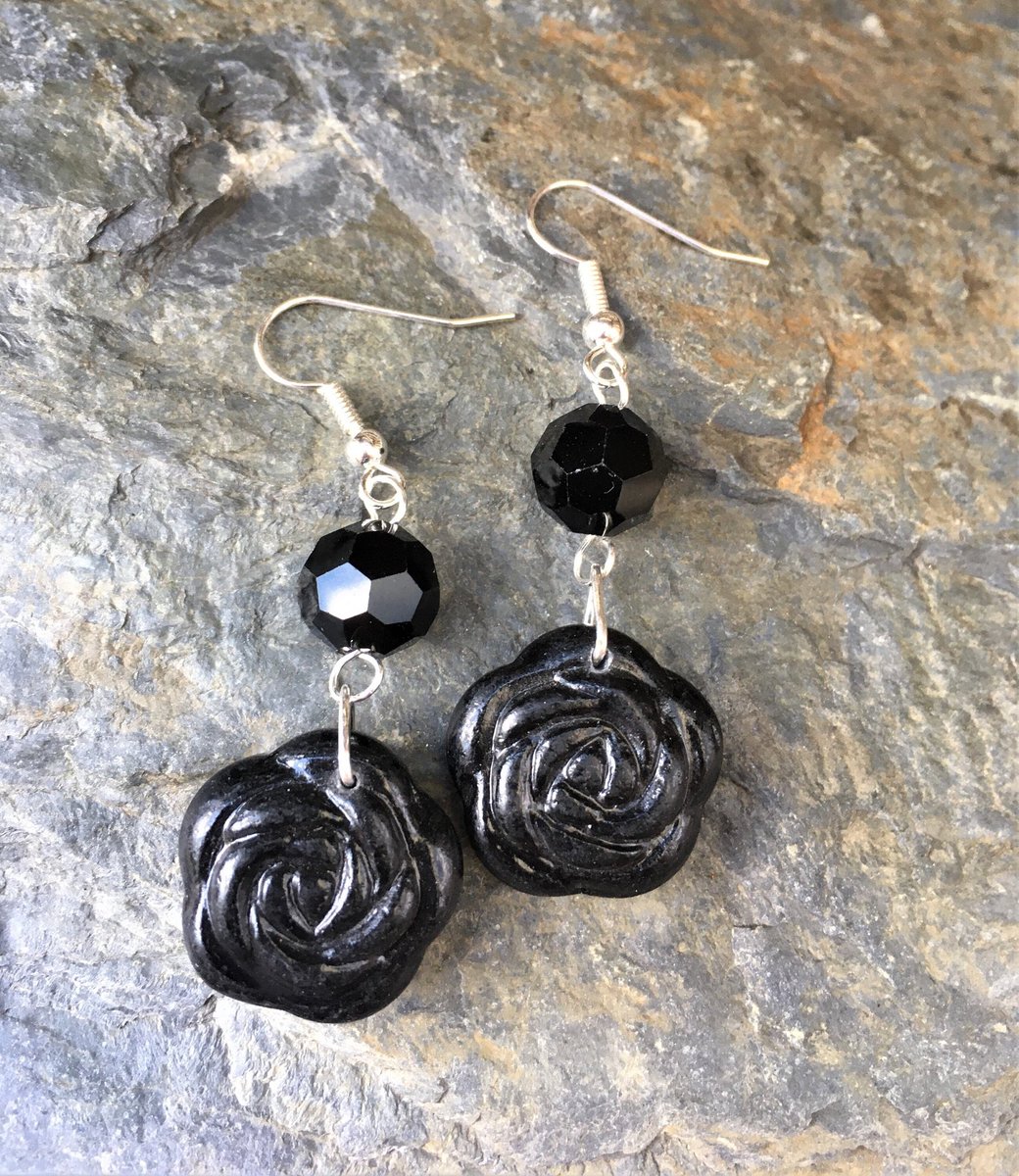 Excited to share this item from my #etsy shop: SALE Black Faceted Glass &amp; Black Howlite Chunky Rose Floral Drop Earrings £3.50 etsy.me/3r43zt1