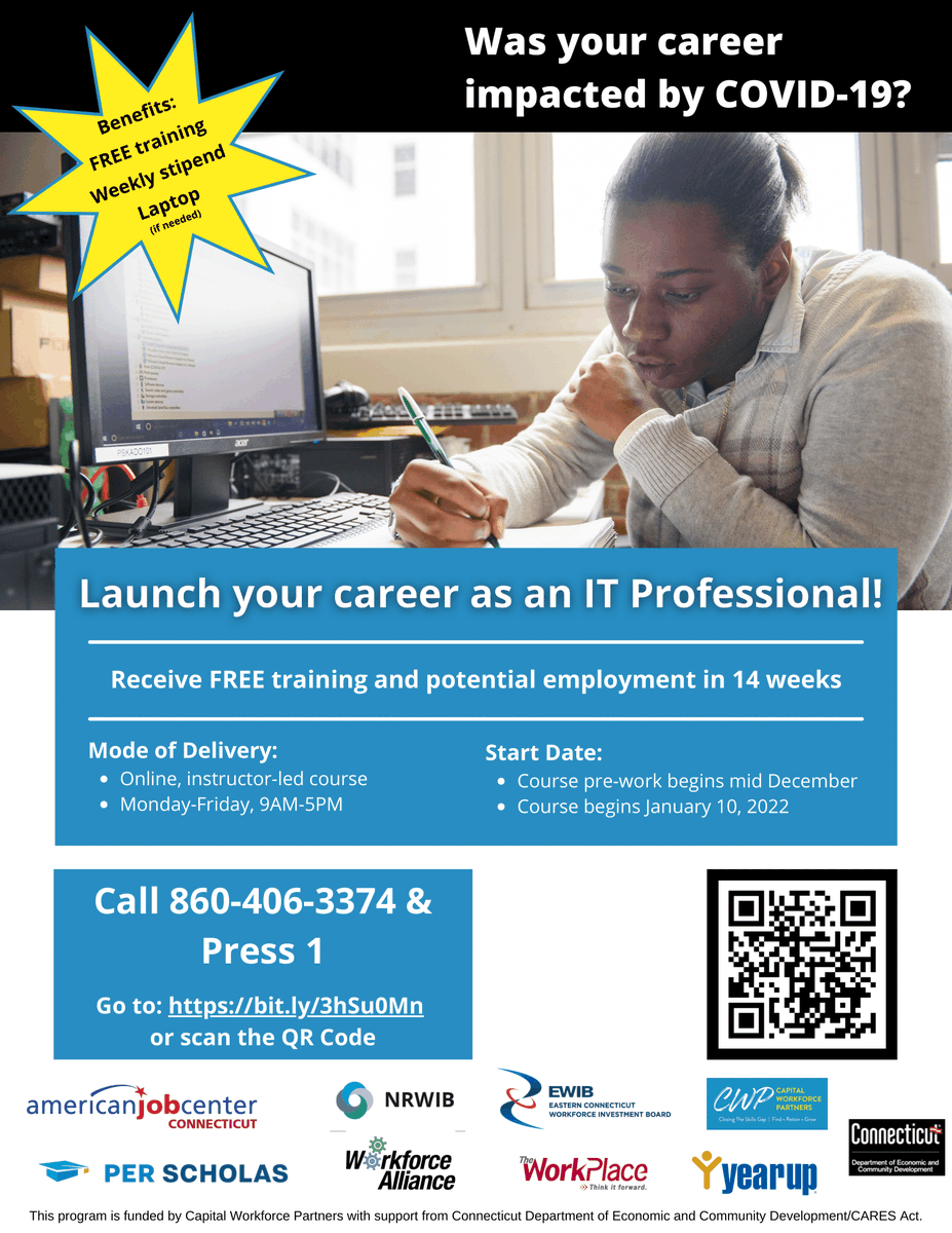 NRWIB's tweet photo. Launching your career as an IT professional is easier than EVER! Free training is available, then get hired once completed! Classes begin in Mid-December across our state at a campus near you. This is the perfect opportunity for those looking to change careers! #CTInfoTech https://t.co/AZs7ZWp5wt
