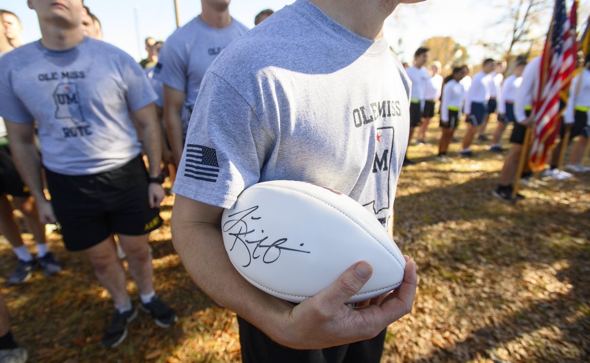 OleMiss's tweet photo. Yesterday, Ole Miss Army ROTC Cadets delivered the game ball for the 2021 Egg Bowl to Mississippi State Cadets. It’s less than 60 hours till kickoff.. Are you ready!? #HottyToddy 

📸 - @olemissphoto https://t.co/j9d5nOgGlP