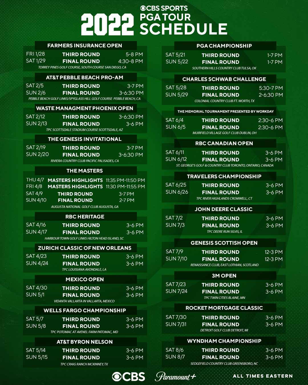 Final Round 2022 Schedule Cbs Sports Pr On Twitter: "Cbs Sports Announces New 2022 @Pgatour Schedule  Featuring 20 Total Events Across Four Countries Https://T.co/Lw4S7Lxc1Z" /  Twitter