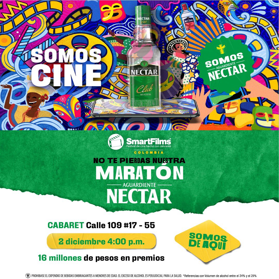 Y seguimos haciendo lo que más nos gusta 🎬 CINE y lo mejor de todo en compañía de <a href="/Nectar_Colombia/">Aguardiente Nectar Oficial</a> ✅

Realizaremos una maratón de 📱 FILMINUTOS VERTICALES con una duración maxima de 1 MINUTO. 

$16 Millones en premios.⭐️

👉🏻INSCRÍBETE EN:
smartfilms.com.co

#SomosDeAquí