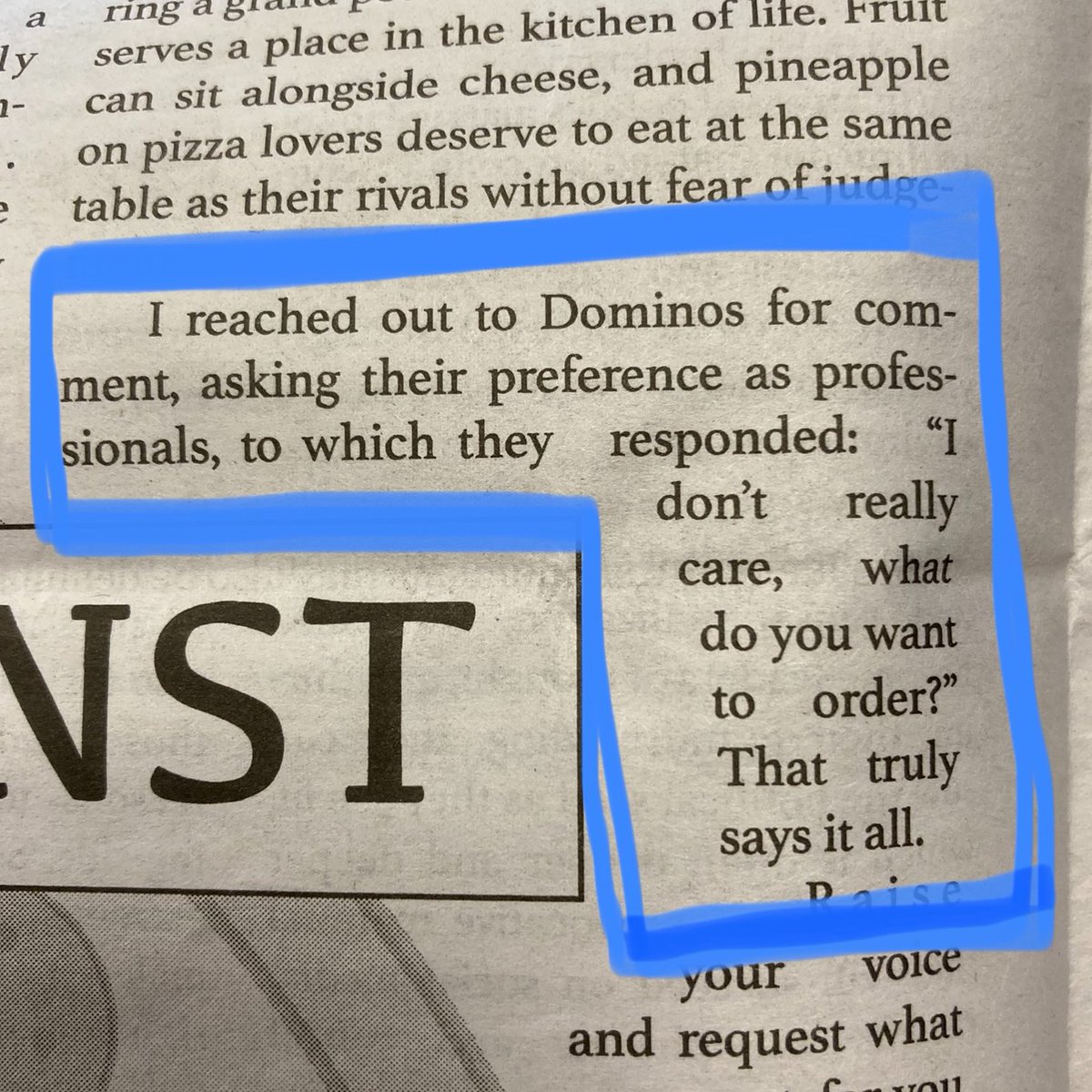This physically made me laugh out loud 💀 Go read the hilariously controversial article on pineapple pizza by our opinions queen @keiraccourant !!🍍🍕