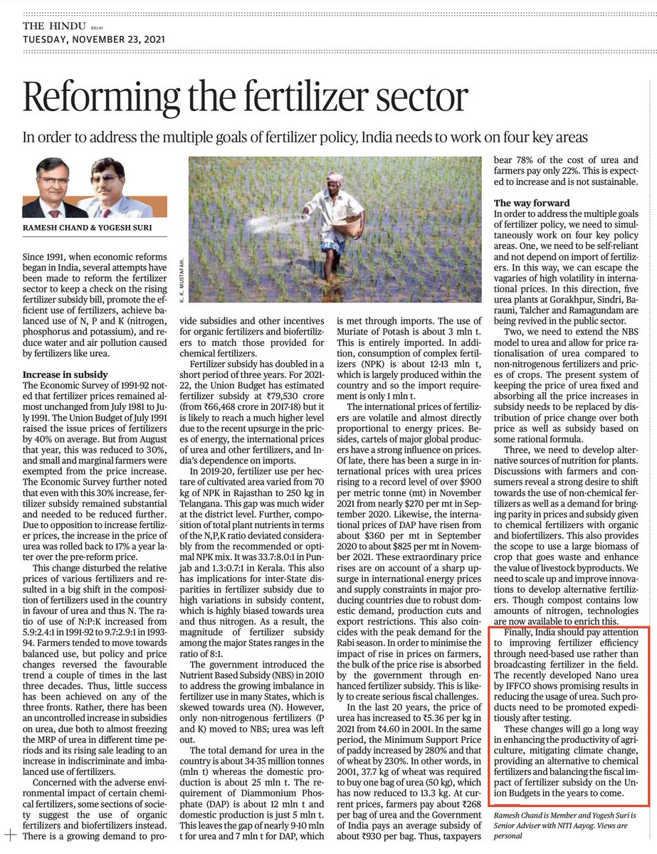 rameshraliya's tweet photo. “India should pay attention to improving fertilizer efficiency through need based use …. Nano Urea shows promising results in reducing the uses of urea”  - @Ramesh_ChandDr @NITIAayog @fertmin_india @mansukhmandviya @the_hindu @IFFCO_NBRC https://t.co/26WnrS0vPS