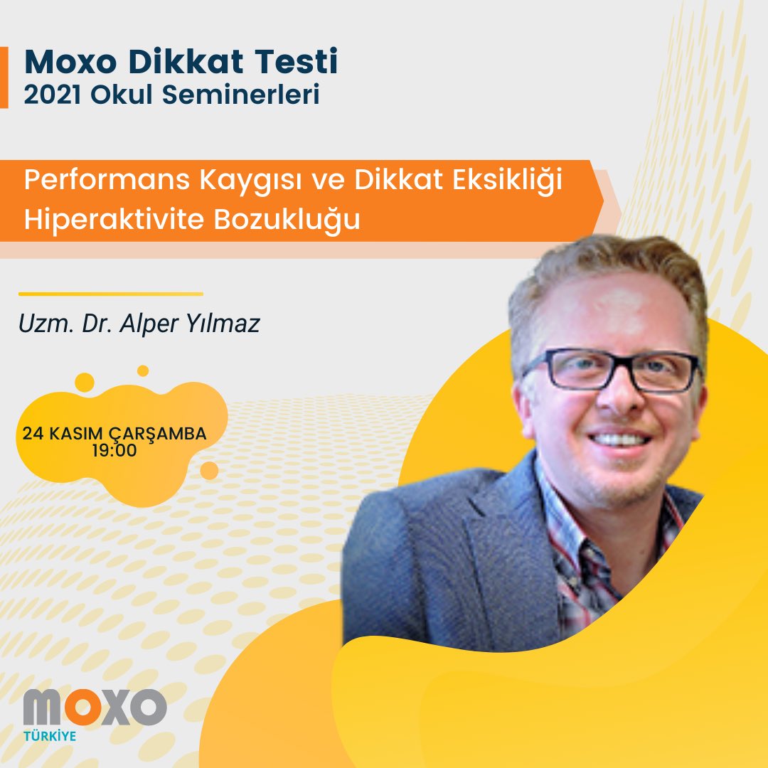 Merhabalar,
Bugün saat 19:00'da Psikiyatrist Uzm. Dr. Alper Yılmaz tarafından  gerçekleştirilecek olan "Performans Kaygısı ve Dikkat Eksikliği Hiperaktivite Bozukluğu"  konulu Eğitimimiz Zoom uygulaması üzerinden gerçekleşecektir. 

Bilginize sunarız
Moxo Türkiye